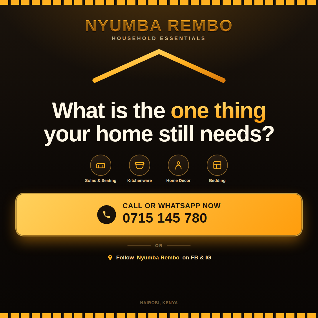 Nyumba Rembo household essentials ad: sofas, kitchenware, home decor and bedding, call or WhatsApp 0715 145 780
