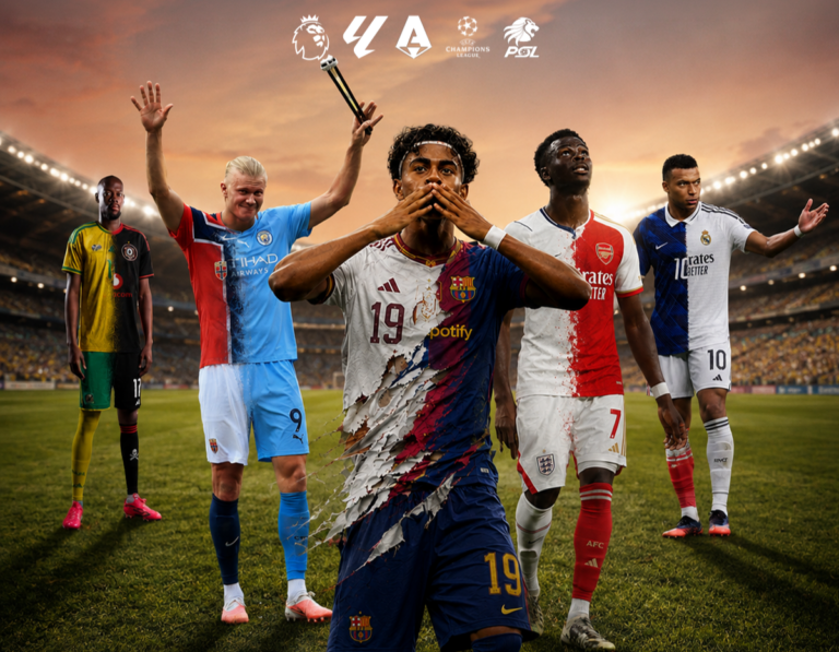 Five footballers in Premier League, La Liga, Serie A and PSL club kits stand on a stadium pitch at sunset for a SuperSport season campaign