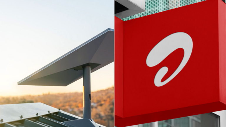 Split image: satellite mobile equipment on a rooftop at sunset next to an Airtel logo sign on a building exterior