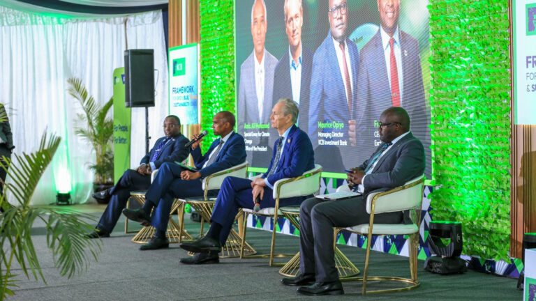 Panel discussion on sustainable finance at KCB's Sustainability Bond Framework launch, featuring Ali Mohamed, Mark Napier, Maurice Opiyo and Frank Mwiti