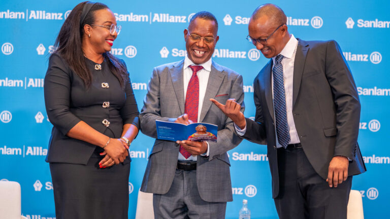 Sanlam Allianz Kenya CEO Patrick Tumbo with Jacqueline Karasha and George Kuria at H1 2026 results briefing