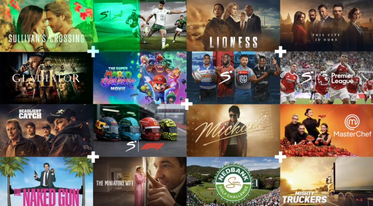 DStv Expect+ promotional grid showing Sullivan's Crossing, Springbok rugby, Lioness, This City Is Ours, Gladiator II, The Super Mario Galaxy Movie, URC rugby, Premier League football, Deadliest Catch, Formula 1, Michael, MasterChef, The Naked Gun, The Miniature Wife, Nedbank Golf Challenge and Mighty Truckers