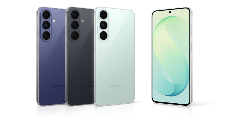 Samsung Galaxy S26 FE in Blueberry, Graphite, and Pistachio colors, rear and front view