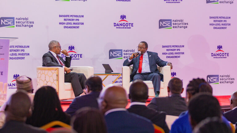 Aliko Dangote and Frank Mwiti at the Nairobi Securities Exchange during an investor engagement.