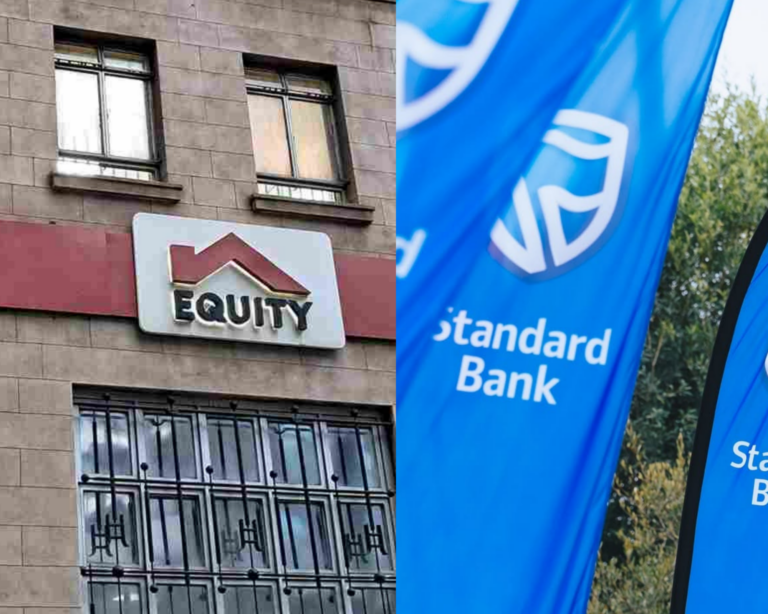 Equity Group building signage beside a Standard Bank Group branded flag, side by side collage