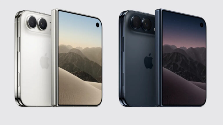iPhone Duo shown folded and partly open in silver and blue color options