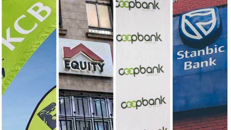 Collage of four Kenyan bank branding images, KCB flag, Equity Bank signage, Co-op Bank banners, and Stanbic Bank wall sign