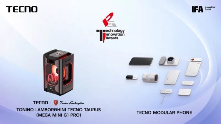 TECNO Tonino Lamborghini TAURUS mini PC and TECNO Modular Phone components displayed together with the IFA Technology Innovation Awards logo