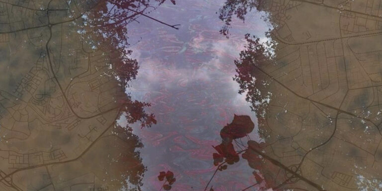 Artistic composite image showing a river reflection layered over a street map, with dark red foliage framing the water in the centre.