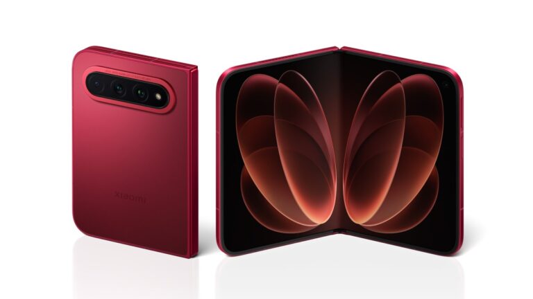 Xiaomi 18 Fold in cherry red shown closed and open on a white background