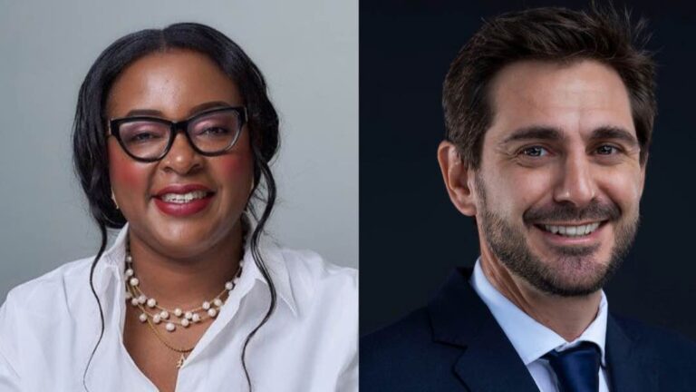 Portraits side by side: Angelica Pesha, in glasses and a white shirt, and Louis Favot, in a navy suit and tie.