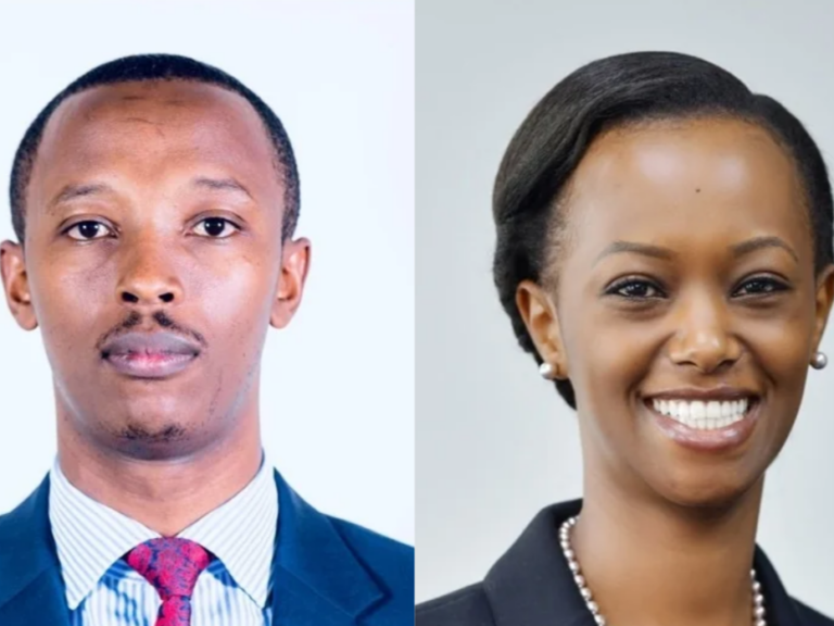 Xavier Mugisha Shema, left, and Patience Mutesi, right, in portraits marking the BPR Bank Rwanda leadership change