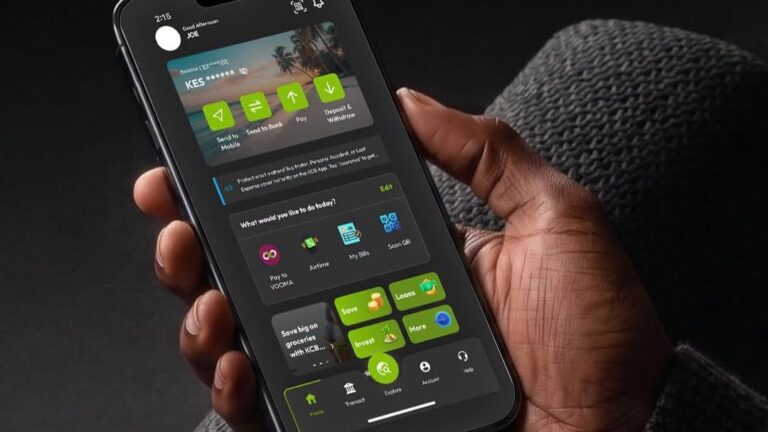 A hand holds a phone showing the KCB Mobile Banking App home screen with options to send to mobile, send to bank, pay, and deposit or withdraw.