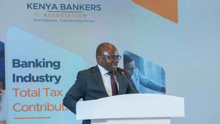 Raymond Molenje, Kenya Bankers Association CEO, speaking at the Banking Industry Total Tax Contribution report presentation